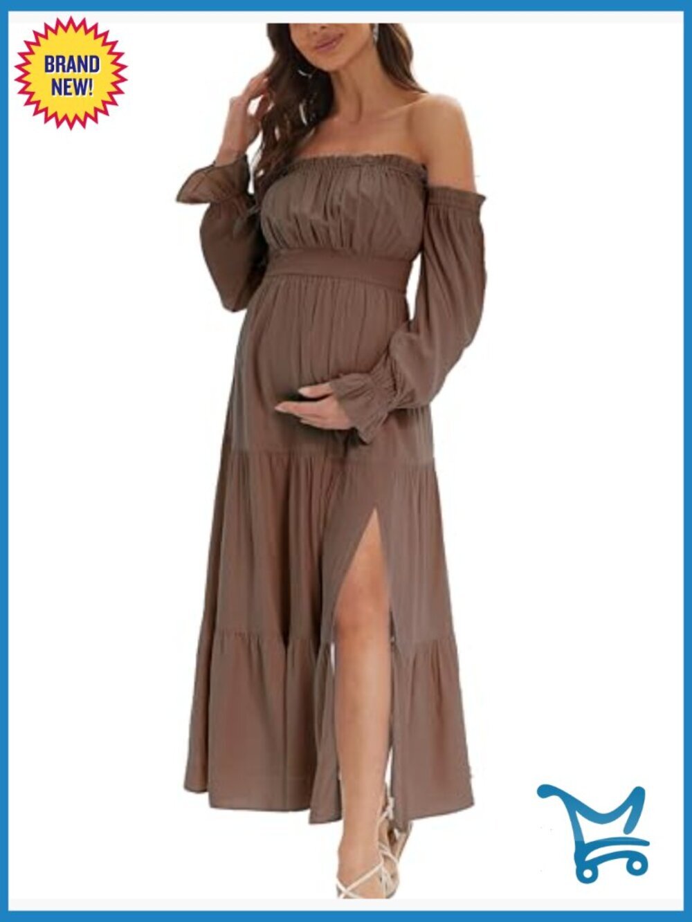 Off Shoulder Maternity Dress, Long Sleeve Side Split Flowy A Line Maxi Dress - Picture 5 of 7